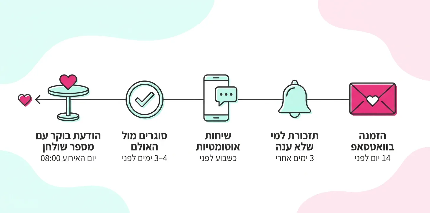 ציר זמן אמיתי לאישורי הגעה לאירוע: הזמנה 14 יום לפני, תזכורת אחרי 3 ימים, שיחות טלפון והודעת יום האירוע